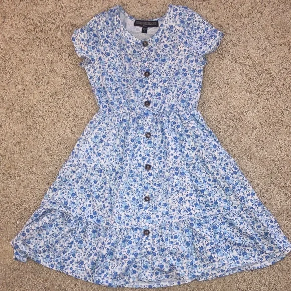 Three Hearts Blue Floral Button-Up Kids Dress - Picture 1 of 4